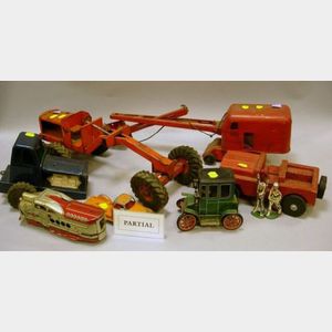 Five Mid-20th Century Painted Pressed Metal Toy Tractors and Truck with an Assortment of Other Toys