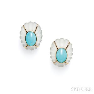 14kt Gold, Rock Crystal, and Turquoise Earclips