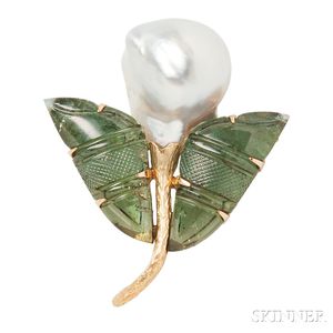 18kt Gold, South Sea Pearl, and Carved Green Tourmaline Brooch