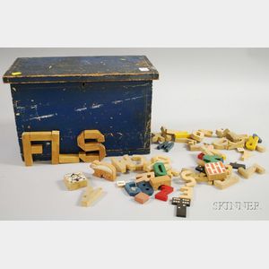 Blue-painted Box Containing Cut-out Wooden Alphabets and Numbers