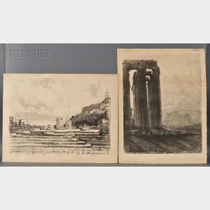 Joseph Pennell (American, 1860-1926) Two Views of Classical Monuments: Temple of Jupiter, Evening