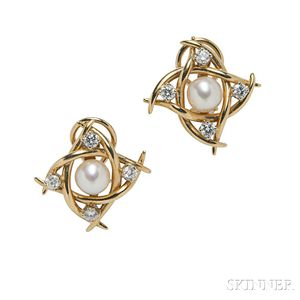18kt Gold, Cultured Pearl, and Diamond Earrings, Tiffany & Co.