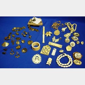 Assortment of Damascene, Ivory, Bone and Antler Jewelry and Other Items