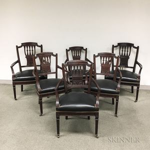 Set of Six Neoclassical-style Carved and Upholstered Mahogany Armed Dining Chairs