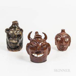 Three Small Southern Folk Pottery Face Jugs