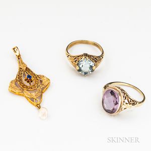 Three Pieces of Gold and Gem-set Jewelry