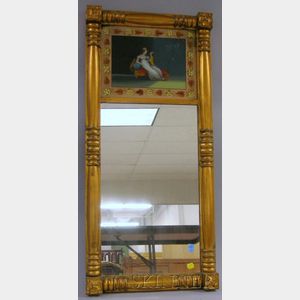 Late Federal Giltwood Split-baluster Mirror with Reverse-painted Glass Tablet Depicting a Mother and Child on a Recamier