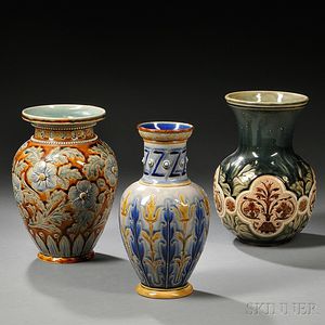 Three Doulton Lambeth George Hugo Tabor Decorated Stoneware Vases