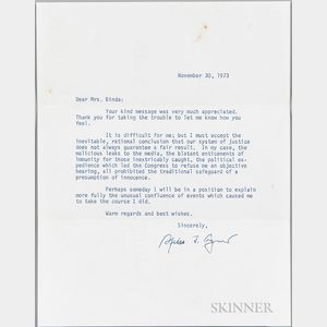 Agnew, Spiro (1918-1996) Typed Letter Signed, November 30, 1973.