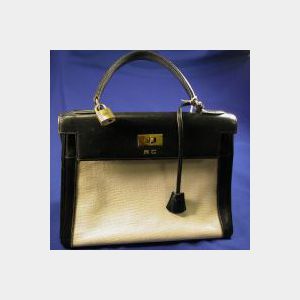 Black Leather and Canvas &#34;Kelly&#34; Handbag, Hermes