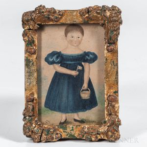 American School, Mid-19th Century Miniature Portrait of a Girl in a Blue Dress