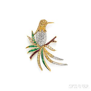 18kt Gold Colored Diamond, and Diamond Bird Brooch, Ambrosi