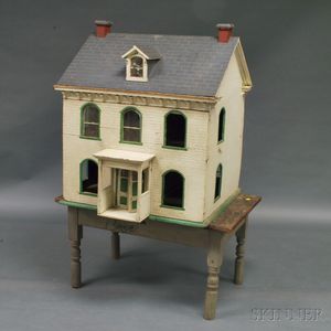 White and Green-painted Wood Two-story Dollhouse