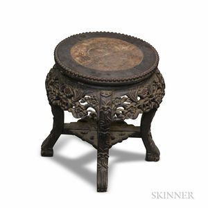Small Asian Carved Hardwood and Marble Stand. 