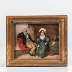 American School, Early 19th Century Miniature Portrait of a Man and Woman in a Comfortable Setting