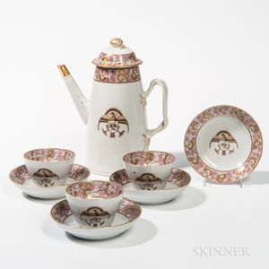 Eagle-decorated Export Porcelain Coffeepot, Cups, and Saucers