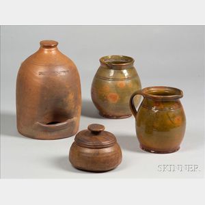 Two Pieces of Redware, a Norwalk Stoneware Chicken Waterer, and a Covered Treen Jar