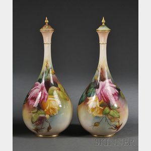 Pair of Royal Worcester Porcelain Hand-painted Vases and Covers