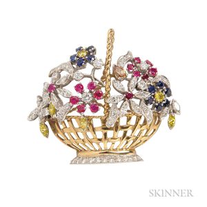 18kt Gold Gem-set Flower Basket Brooch