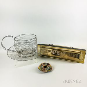 Large Wirework Teacup and Saucer, a Matchbook Ring, and an Advertising Marine Bank Harmonica. 