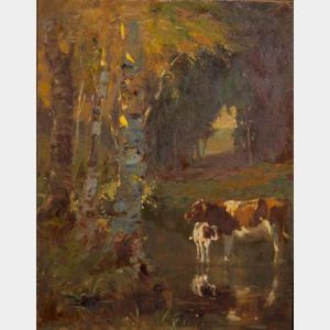 George Glenn Newell (American, 1870-1947) Cow and Calf in the River Shallows, Autumn