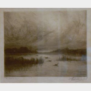 Framed American School Etching on Paper of a Marsh View The Homing Call