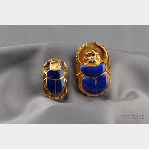 Two 18kt Gold and Lapis Scarab Brooches