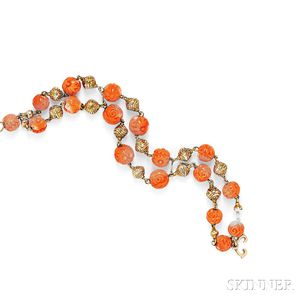 Gold and Carved Coral Bead Bracelet