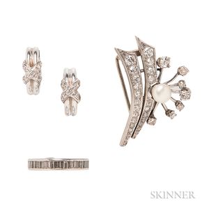 Platinum, Diamond, and Pearl Brooch, Platinum and Diamond Eternity Band, and a Pair of 14kt White Gold and Diamond Earrings