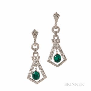 White Gold, Emerald, and Diamond Earrings