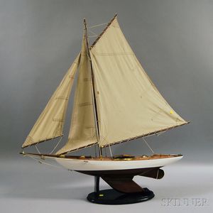 Painted Wooden Racing Yacht Model on Stand