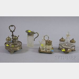 Three Diminutive Silver Plated Condiment Sets and a Syrup Jug.