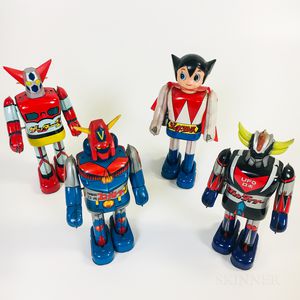 Four Tin Litho Japanese Wind-up Robots