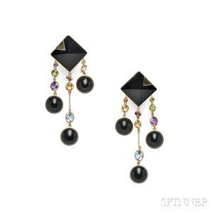 14kt Gold, Onyx, and Colored Stone Earpendants