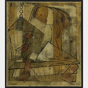 Angel Botello (Puerto Rican, 1913-1986) Girl with Caged Bird.