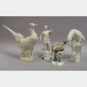 Three Continental White Glazed Ceramic Figures and a German Porcelain Figure of a Persian Man with a Sword.