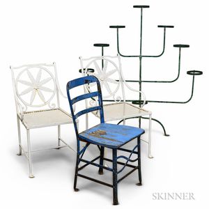 Three Painted Iron Patio Chairs and a Green-painted Iron Eight-tier Plant Stand