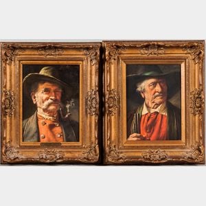 Attributed to Fritz Wagner (German, 1896-1939),Two Portrait Heads of Bavarian Men: One Smoking a Pipe, One Holding the Barrel of a Gun