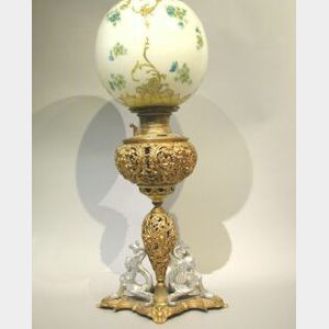Victorian Gilt Cast Metal Kerosene Table Lamp.