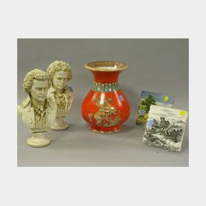 Decorated Ceramic Vase, a Pair of Plaster Busts of Mozart and Beethoven and Two Decorated Ceramic Tiles.