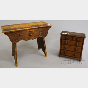 Miniature Walnut Five-drawer Bureau and a Country Pine Footstool