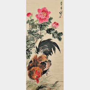 Hanging Scroll Depicting a Rooster and Flowers