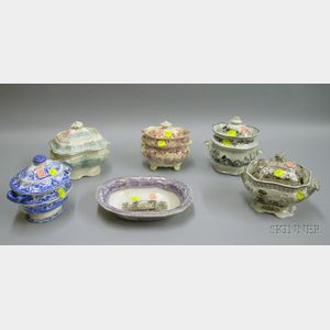 English Transfer Decorated Staffordshire Serving Bowl, Two Covered Sauce Tureens, and Three Covered Sugars....