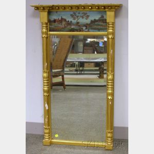 Classical Giltwood and Gesso Tabernacle Mirror with Reverse-painted Glass Tablet Depicting a Riverside Landscape
