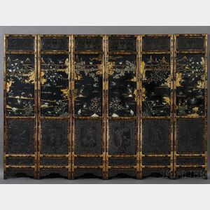 Six-panel Wood and Black Lacquer Inlaid Folding Screen