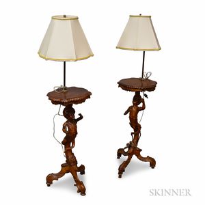 Pair of Continental-style Carved Walnut Figural Lamps