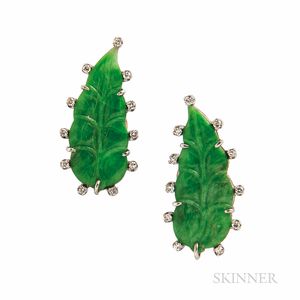 14kt White Gold, Diamond, and Carved Jade Earrings