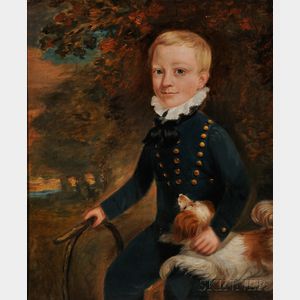 American School, 19th Century Portrait of a Blond Boy in a Landscape with His Spaniel and a Hoop.