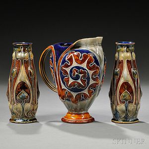 Three Doulton Lambeth Frank Butler Decorated Stoneware Items