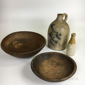 Two Turned Maple Bowls and Two Stoneware Vessels